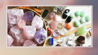 a collection of crystals laid out on a table