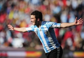 Gonzalo Higuaín celebrates his second goal for Argentina against South Korea at the 2010 World Cup in South Africa.