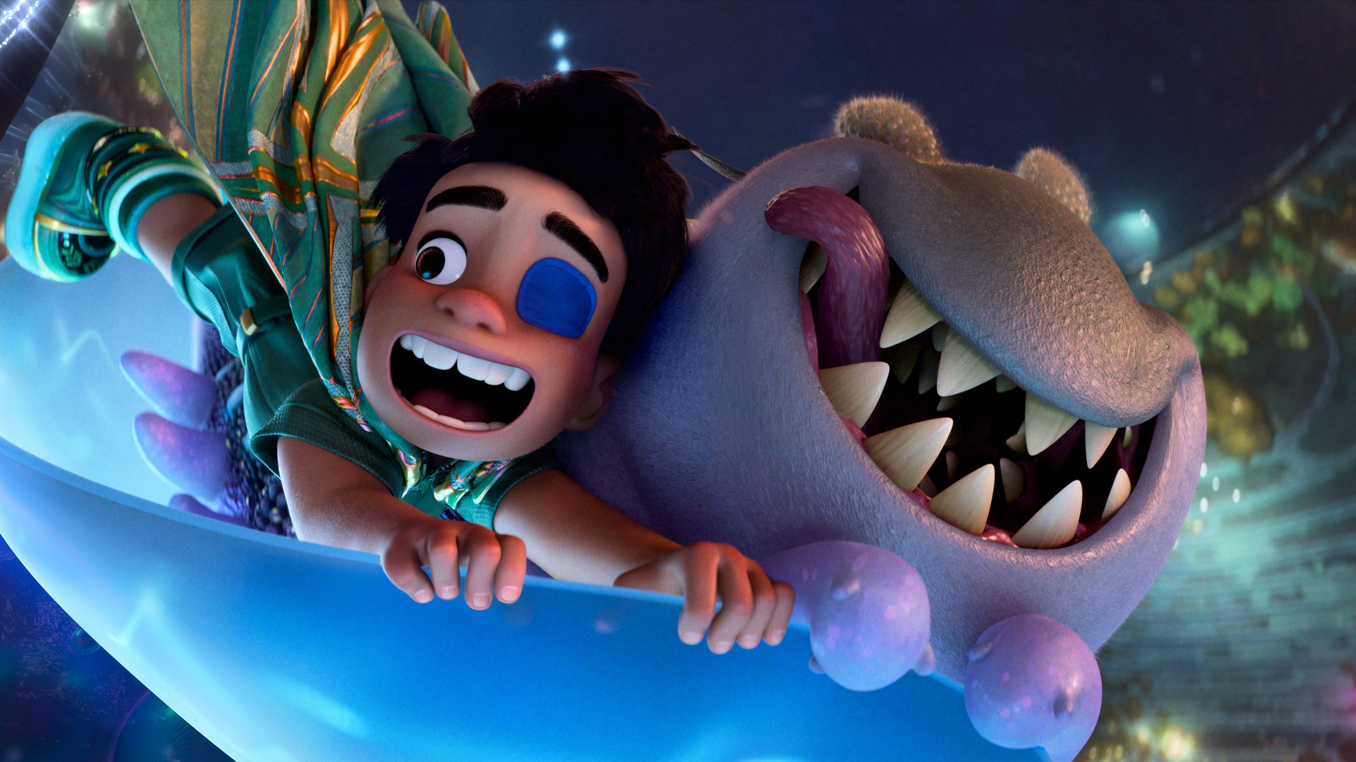 still from Elio, a young boy with an eyepatch flies on an alien with another alien on his right hand side having fun.