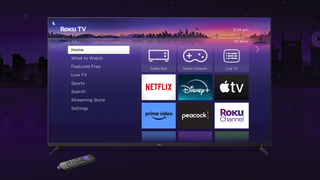 Roku Pro Series TV on a purple background with the Roku home menu on screen