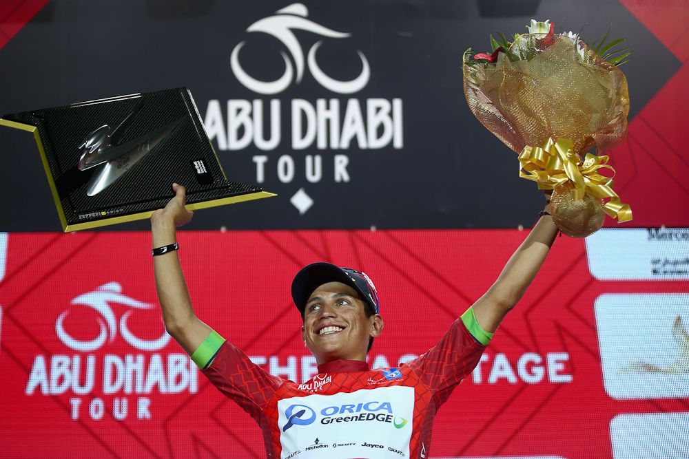 Esteban Chaves celebrates his overall win at the 2015 Abu Dhabi Tour