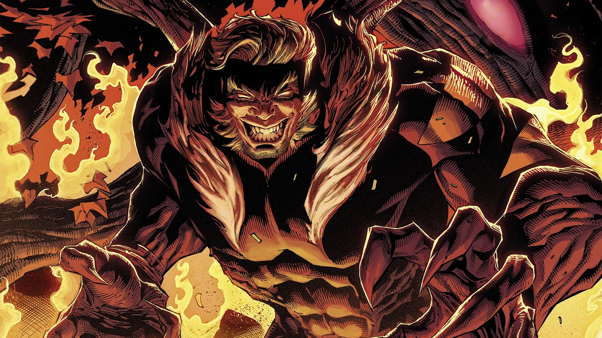Sabretooth looking menacing against a backdrop of flames