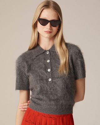 Brushed Cashmere Short-Sleeve Sweater-Polo