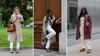 Three street style white jeans outfits with trench coats