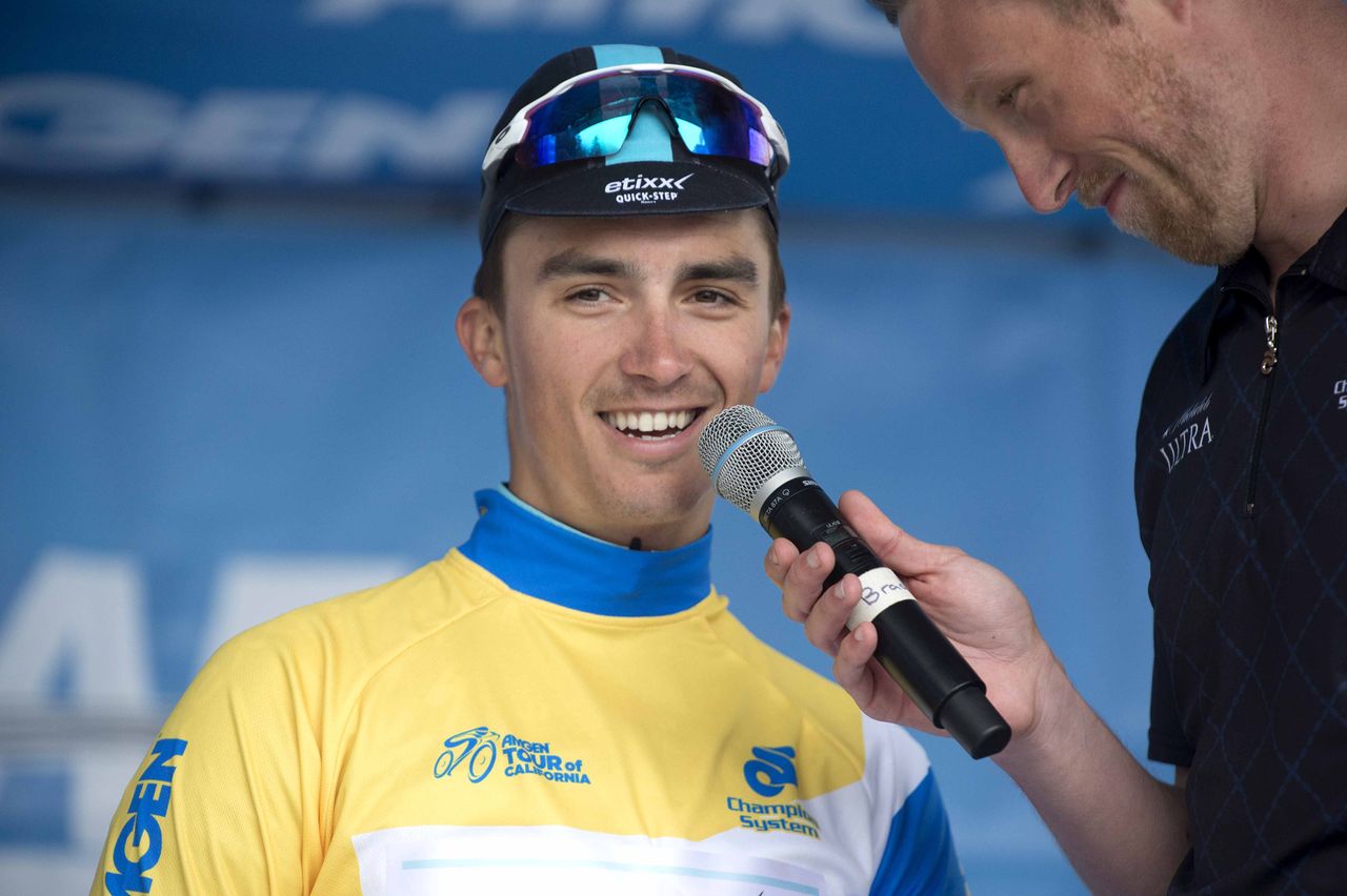 Julian Alaphilippe (Etixx-Quickstep) is interviewed after winning the stage and moving into the yellow jersey