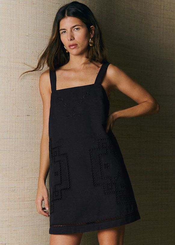 Victoire Dress - Black Placed Embroidery - Linen - S&amp;eacute;zane