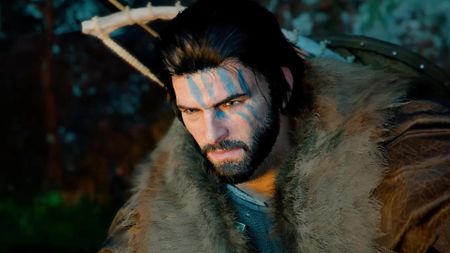 Kliff, the Crimson Desert protagonist. He has four blue stripes across his face, mid-length black hair, and is looking solemnly at the ground. 