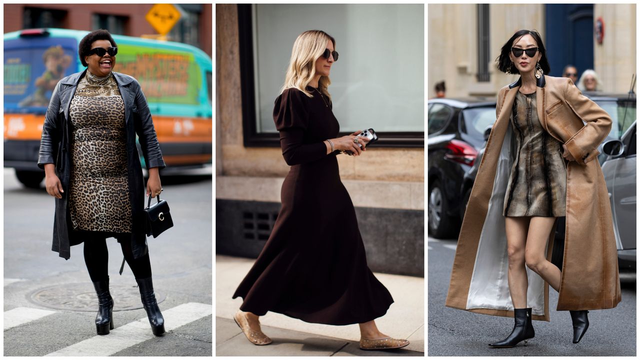 a collage of women wearing fall dresses 