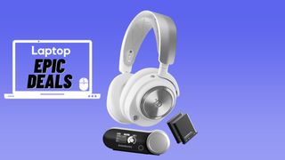 White SteelSeries Arctis Nova Pro gaming headset with swappable batteries against blue gradient background.