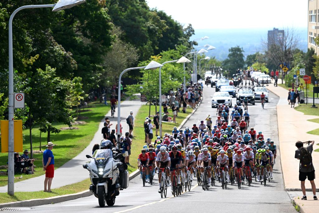 MONTREAL QUEBEC SEPTEMBER 11 LR Luke Rowe of United Kingdom and Team INEOS Grenadiers and Mickael Cherel of France and Ag2R Citroen Team lead the peloton during the 11th Grand Prix Cycliste de Montreal 2022 a 221km one day race from Montreal to Montreal GPCQM WorldTour on September 11 2022 in Montreal Quebec Photo by Dario BelingheriGetty Images