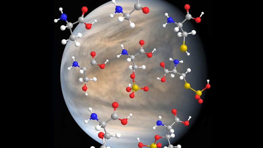 a clouded tan planet hangs in black space. in the foreground, scattered in front of the planet, are large computer-generated images of molecule branches of red, blue, grey, white and yellow.