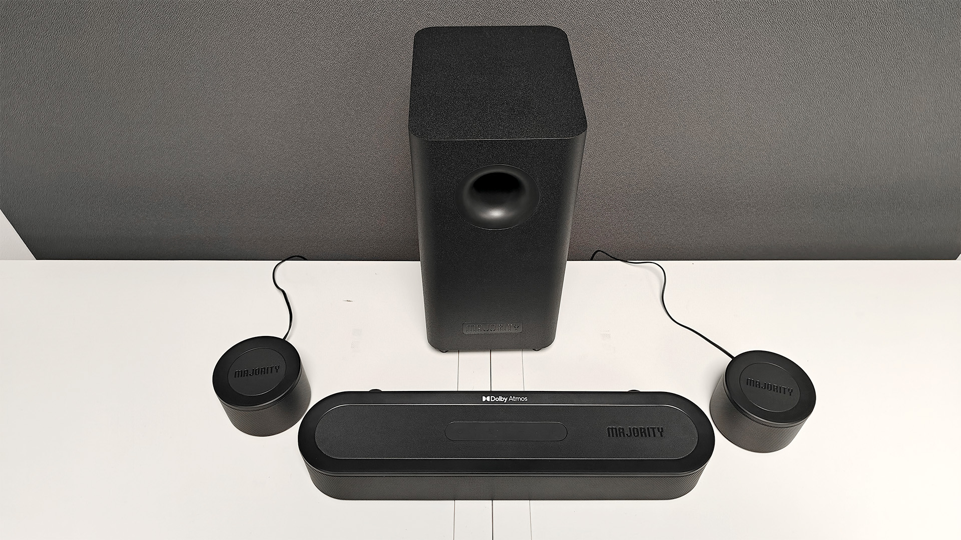 Majority Bowfell Halo Atmos soundbar system, all components on white surface viewed from above