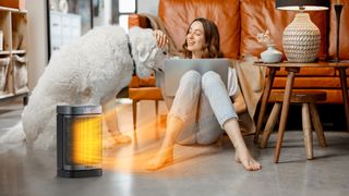 Woman with Dreo space heater and dog on the floor using a laptop