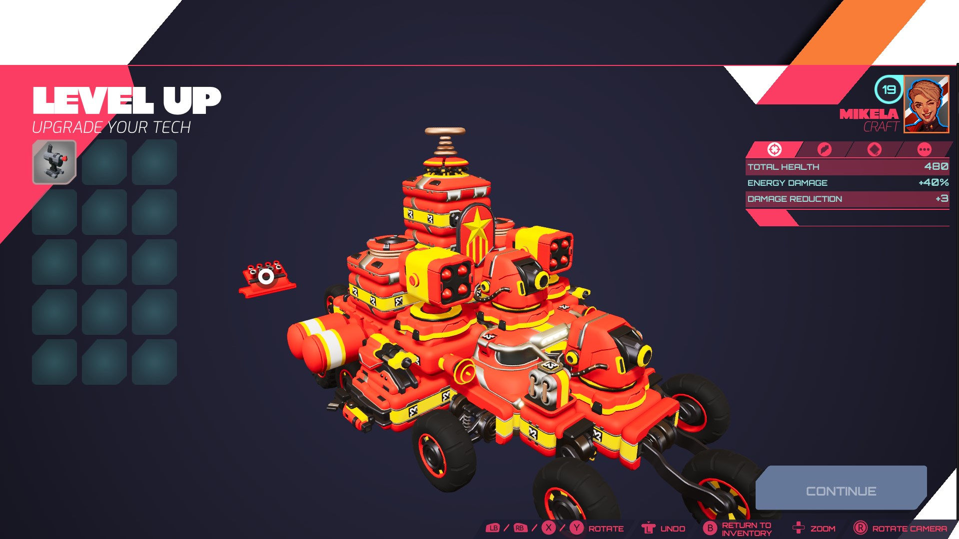 TerraTech Legion gameplay screenshots showcasing tech, build screens, upgrade screens, and character art.