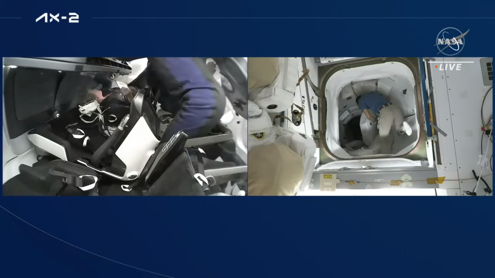 Split screen showing astronauts inside Ax-2 Dragon capsule on left and space station on right