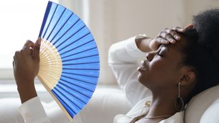 Does a dehumidifier cool a room: Woman using a fan to cool herself down