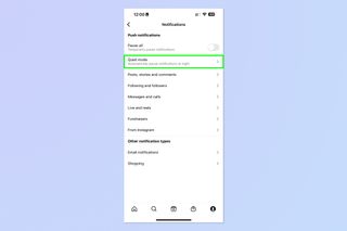 A screenshot showing how to enable Quiet Mode on Instagram