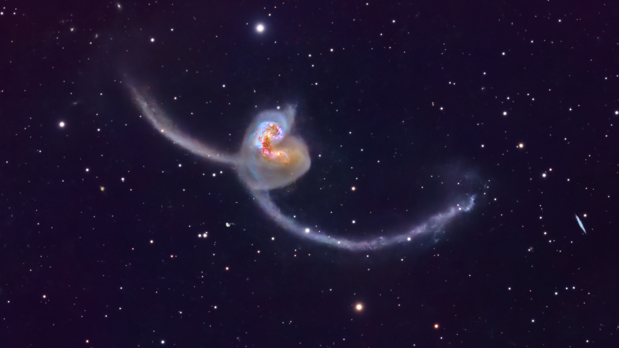 The Antennae galaxies are witnessed in the process of merging into a single elliptical galaxy.
