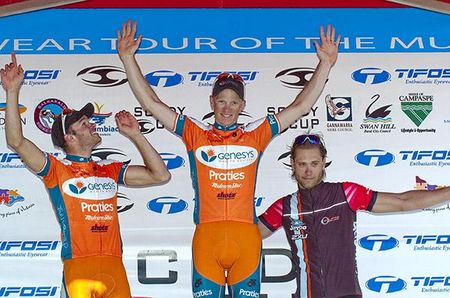 The final tour GC podium (l-r): Steele Von Hoff (2nd,Genesys Wealth Advisers), Patrick Shaw (1st,Genesys Wealth Advisers) and Ben Kersten (3rd,Swan Hill Heart of the Murray).