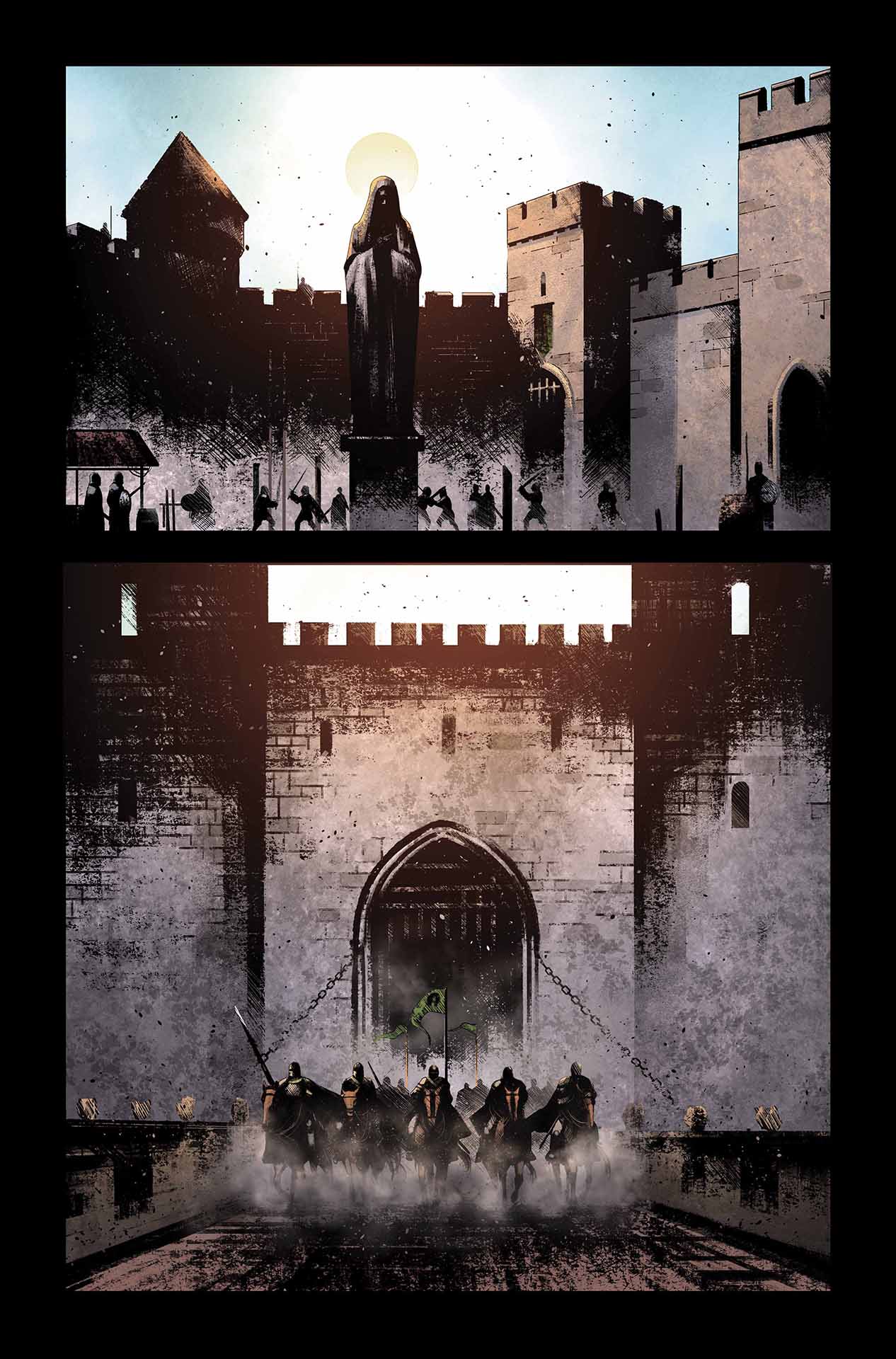 A group of knights riding out from a castle