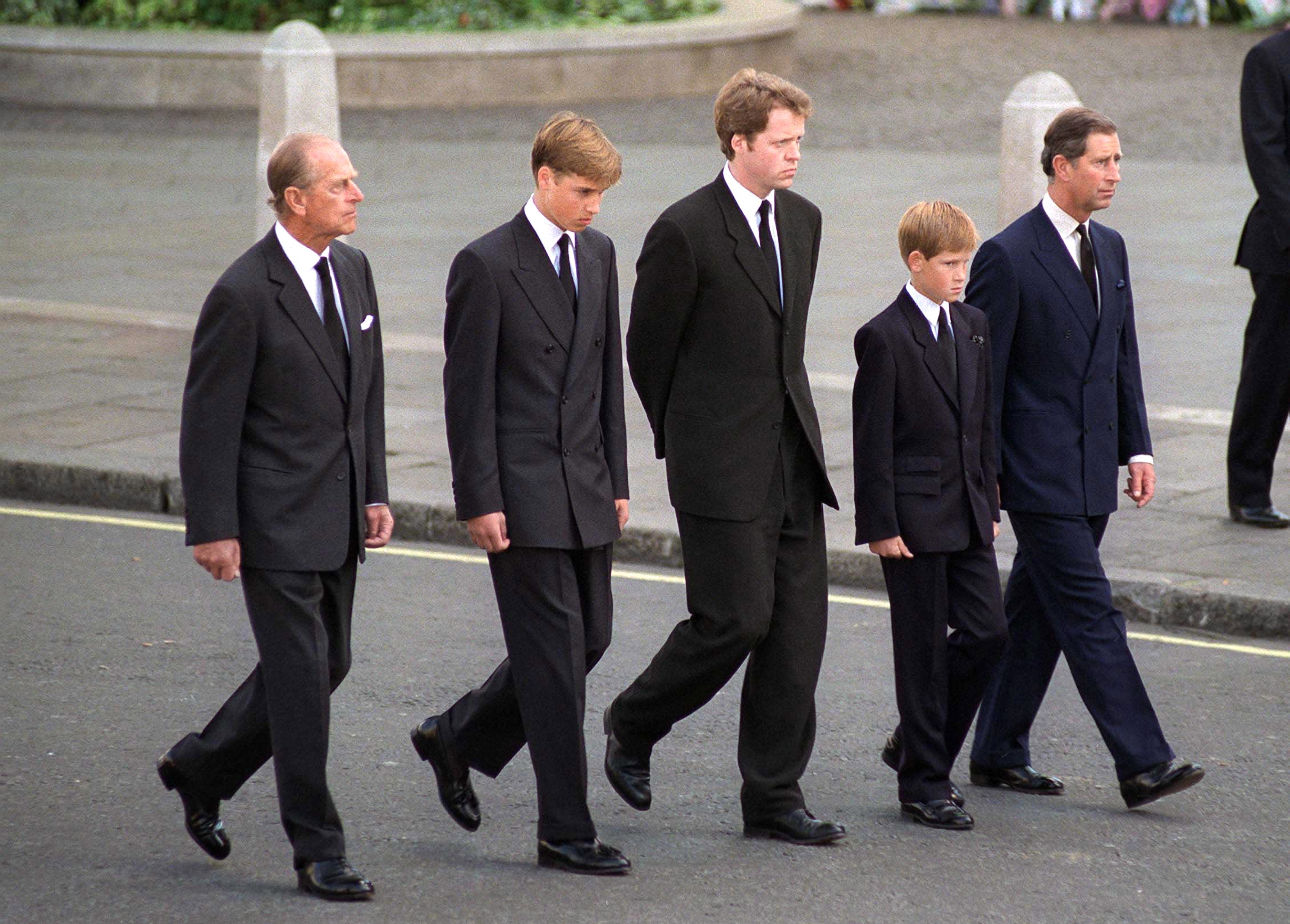 Prince Philip, Prince William, Charles Spencer, Prince Harry and Prince Charles walking in Princess Diana&#039;s funeral procession
