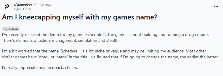 Tyler asks Reddit if he should rename Schedule 1 before release
