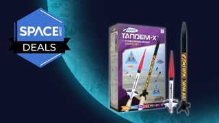 Two rockets stand side by side, one smaller, one larger, next to a purple box with their picture on the front, on a blue planet background with the space.com logo in the top left corner.