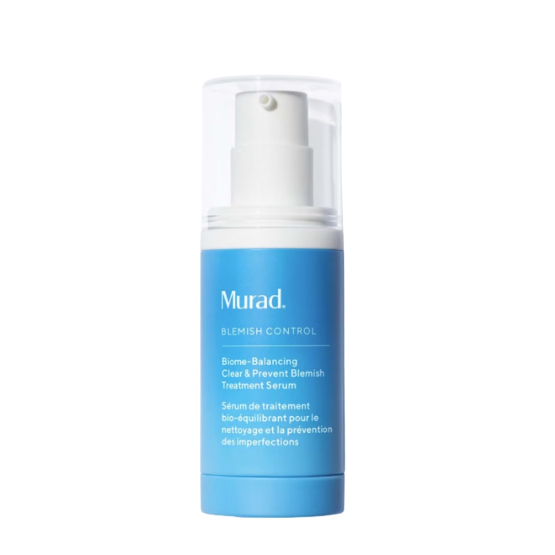 A product shot of the Murad Biome-Balancing Clear & Prevent Blemish Treatment Serum, on a white background