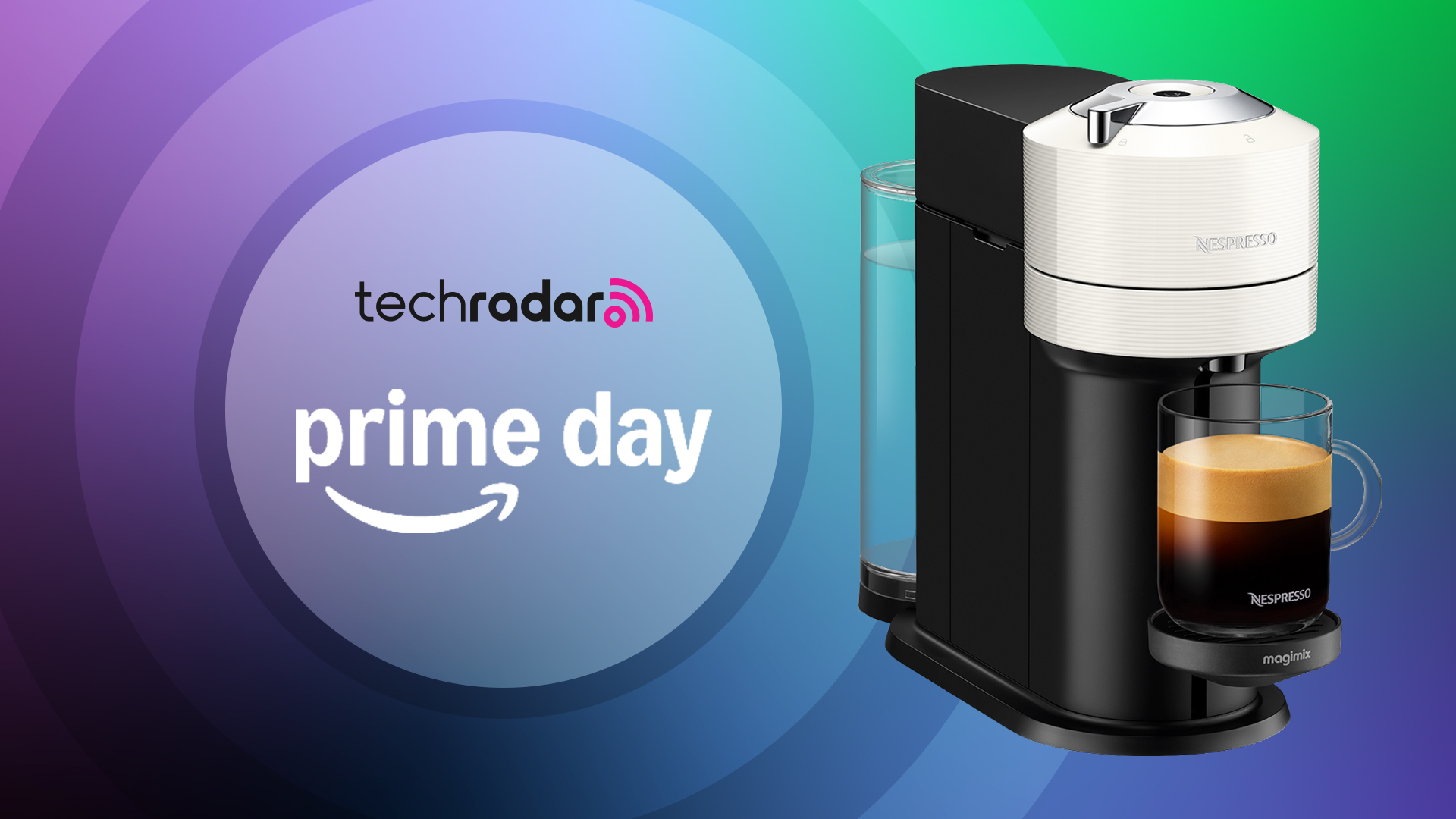 Nespresso coffee machine on blue background with text reading &#039;TechRadar Prime Day&#039;