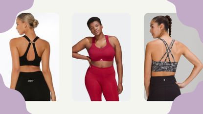 - Composite images of women wearing the best sports bras from Lorna Jane, Adidas and Lululemon 