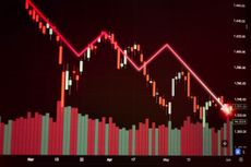 Candlestick chart stock market downtrend red volume bars glowing arrow indicator
