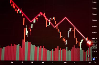Candlestick chart stock market downtrend red volume bars glowing arrow indicator