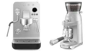 The Smeg MiniPro Coffee Machine and Smeg Espresso Coffee Grinder on a white background