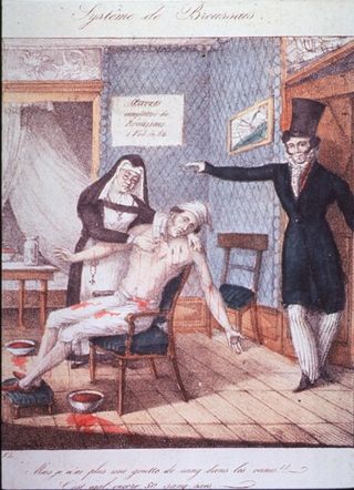 A man sitting in chair, arms outstretched, streams of blood pouring out as a nun places leeches on his body.