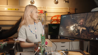 Tech creator 小宁子 XNZ with her 3-in-1 console creation, the 'Ningtendo PXBOX 5'