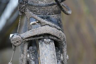 Image shows a winter bike that's been ridden through typical grim conditions.