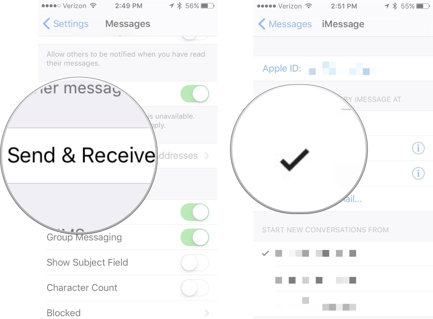 Remove email address from iMessage, showing how to tap Send & Receive, then tap the email address you want to disable for iMessage so that the check mark disappears