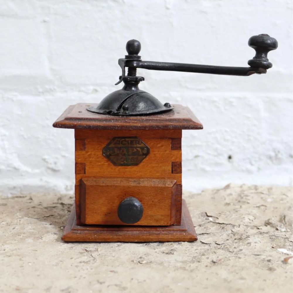 Vintage wooden box pepper mill with metal handle and small drawer