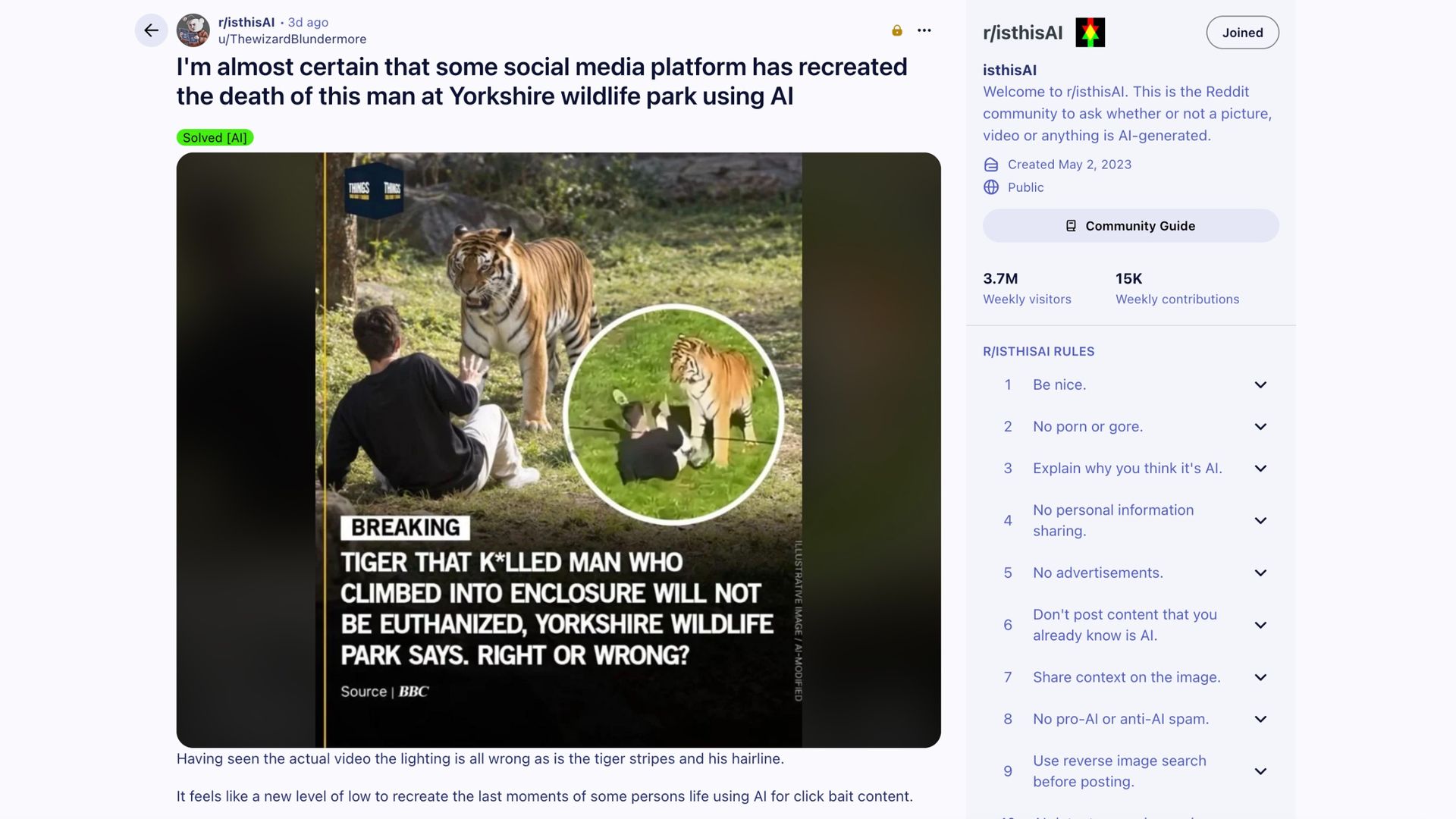 Suspected AI image on Reddit.