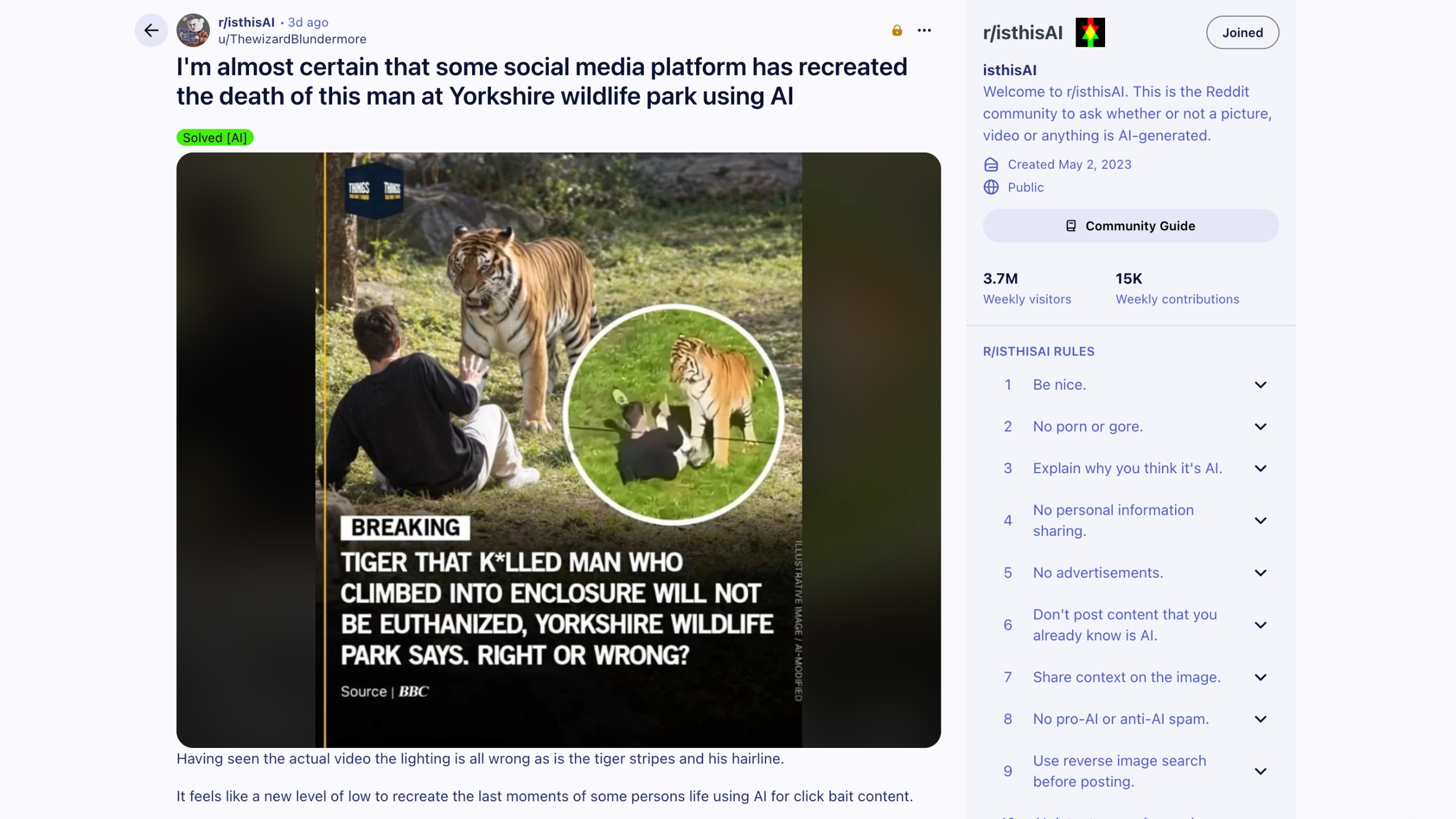 Suspected AI image on Reddit.