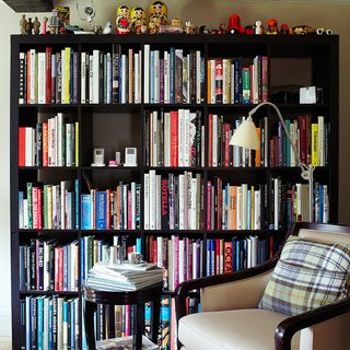 library area with book shelf and armchair