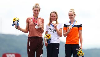 The podium from the women's Olympic TT