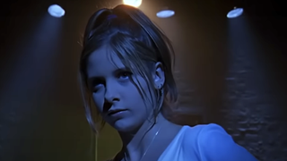 Sarah Michelle Gellar in blue lighting in Buffy The Vampire Slayer theme montage