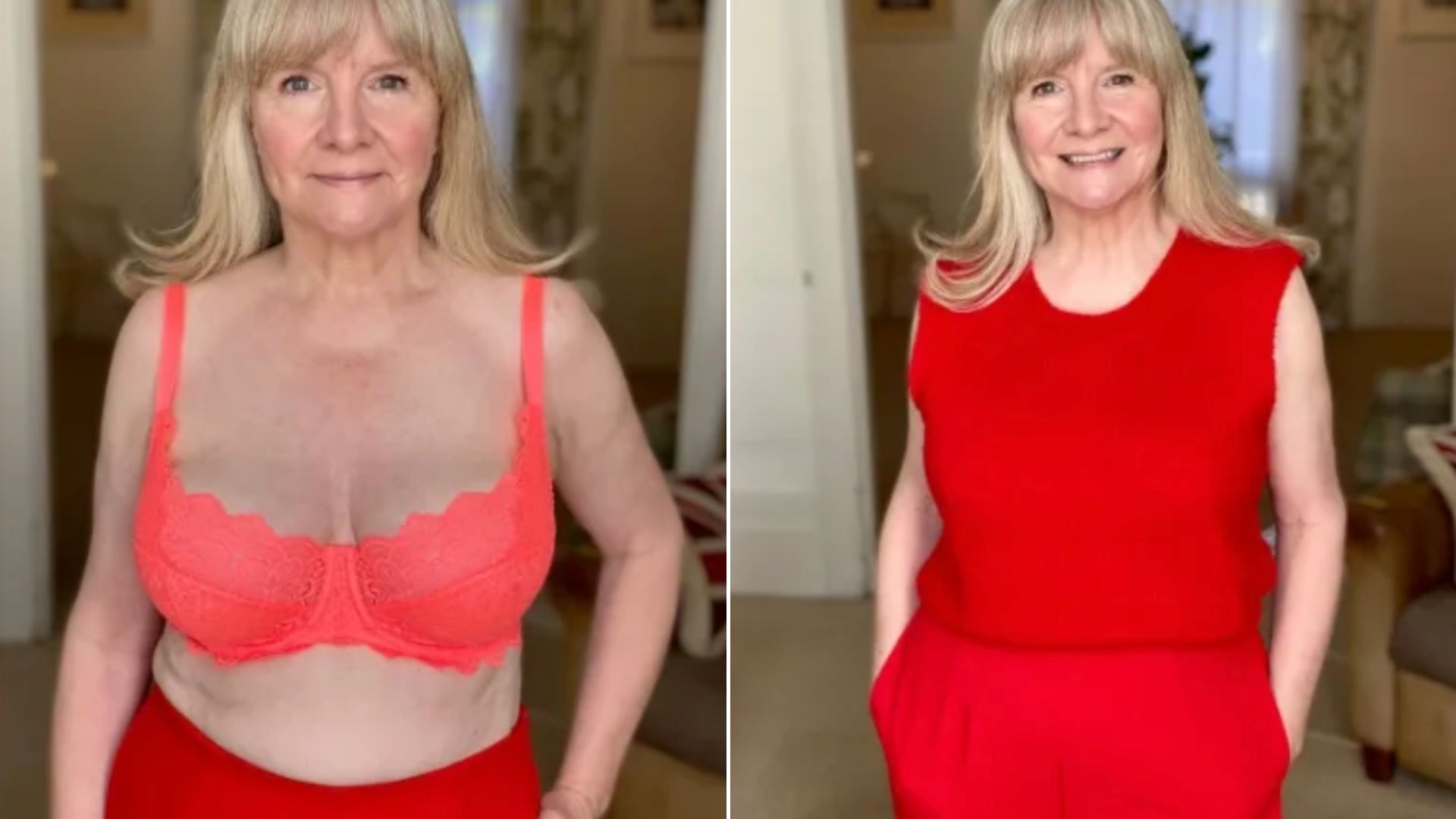 Two images of Julie Player testing the Bravissimo Millie Balcony Bra