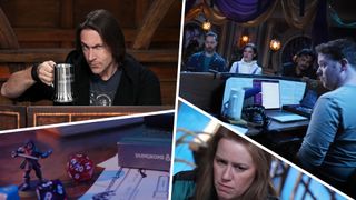 The cast of Critical Role Campaign 4 with miniatures and books, divided by thick white lines
