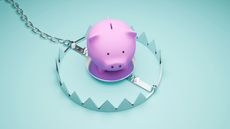 A piggy bank sits in the middle of an unsprung bear trap.