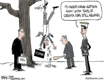 Political cartoon U.S. FBI investigation Michael Flynn James Comey Trump Obama