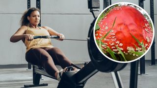 A woman completing a CrossFit workout on a rowing machine, and inset the mushroom used as a CrossFit Open hint by former Games director Dave Castro