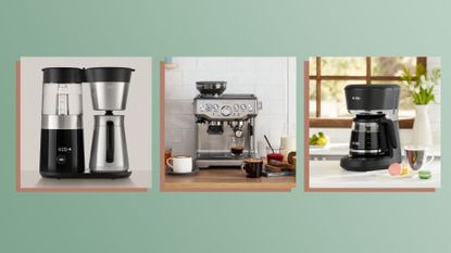 A collage of three of the best coffee machines against a green background