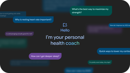 A screenshot showing "Hello: I'm your personal health coach" on a dark background with text bubbles surrounding the text with sample questions for the Fitbit AI coach.